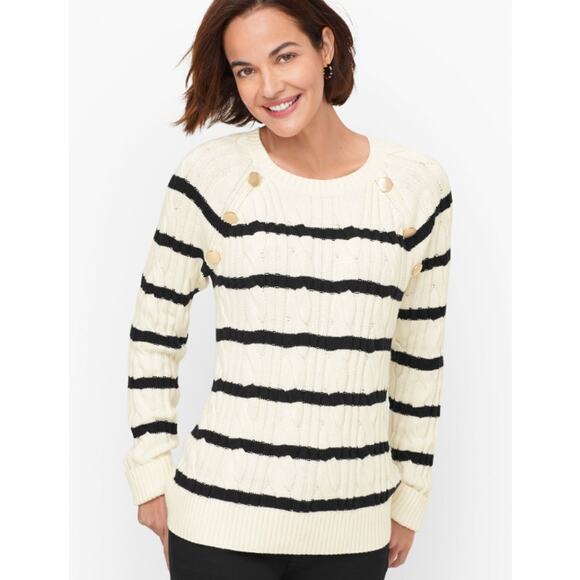 Talbots Cable Knit Crewneck Sweater Breton Stripe Gold Button Chunky Knit - Picture 1 of 11
